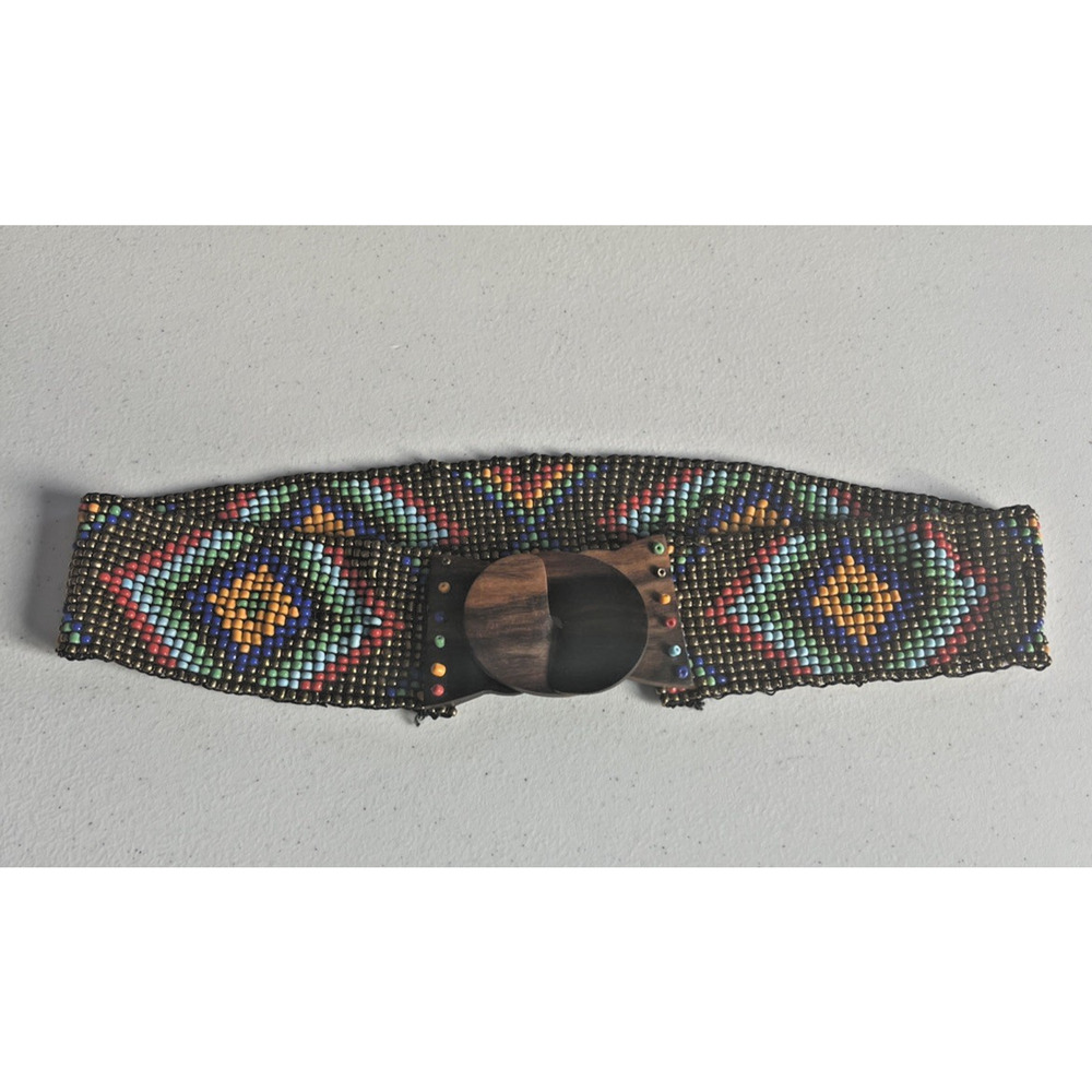 Mexican Handmade Beaded Stretch Belt Boho tribal southwest Bead Wood Buckle